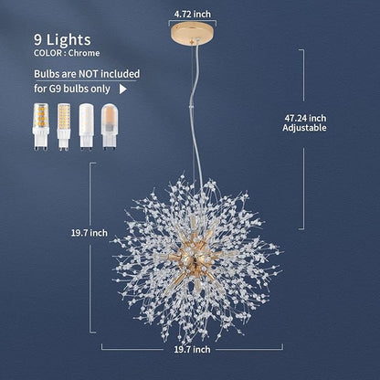 CM MZY Modern Crystal Chandeliers Firework, 9-Light Gold Dandelion Sputnik Ceiling Light Fixtures, Sputnik Chandelier Pendant Light for Bedroom Living Room Dining Room Kitchen Island Hallway