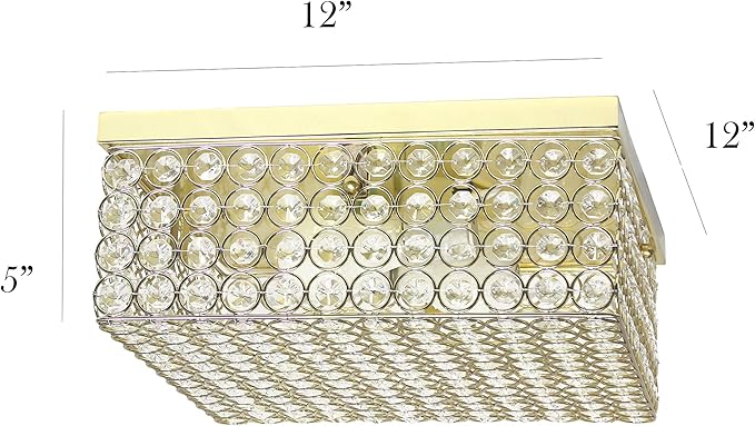 Elegant Designs FM1004-GLD Elipse Crystal 12 Inch Modern Metal 2 Light Squared Ceiling Flush Mount Fixture, Gold