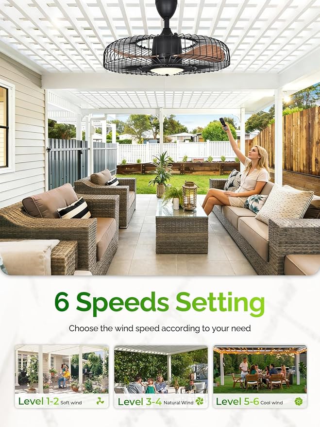 Orison Outdoor Ceiling Fans with Lights for Patio, 24" Weatherproof Ceiling Fan, Gazebo Fan Remote & APP Control, 3CCT Dimmable,Caged Plug in Ceiling Fan with Hanging Hook for Pergola Porch Canopy