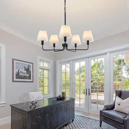 Black Chandeliers for Dining Room 30” Bedroom Light Fixture with White Fabric Shade 5-Light Modern Farmhouse Chandelier Adjustable Pendant Lighting Fixtures for Kitchen Island,Living Room,Entryway
