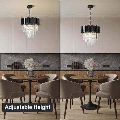 15.8" Black Crystal Chandelier, 5-Light Modern Chandelier, 3-Tier Round Pendant Light Fixture for Dining Room, Kitchen Island, Bedroom, Living Room, Foyer, Entryway, Small Crystal Chandeliers