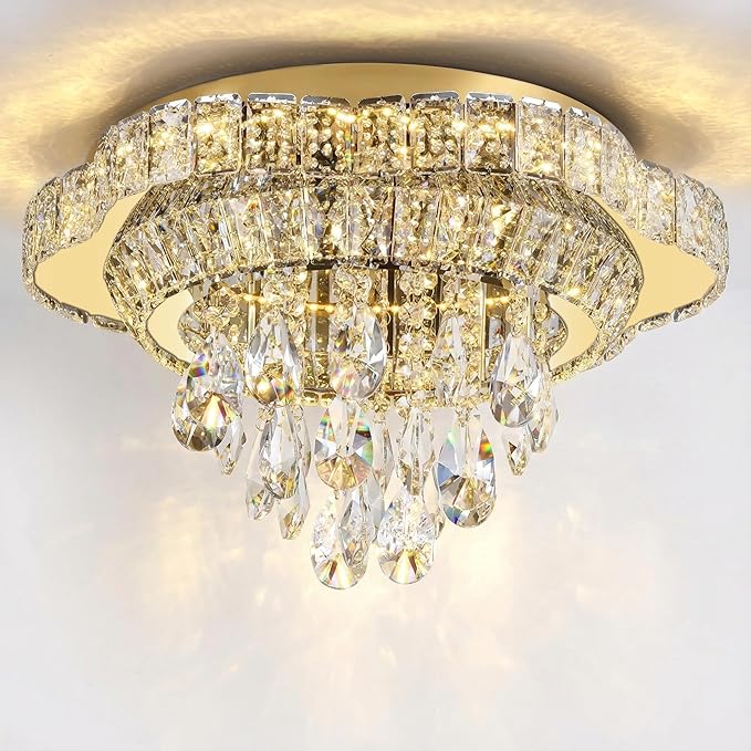 Gold 18" Modern Flush Mount Chandelier for Bedroom, LED Crystal Ceiling Light Over Table,Elegant Dining Room Lighting Fixture with Remote Control, 3CCT Dimmable