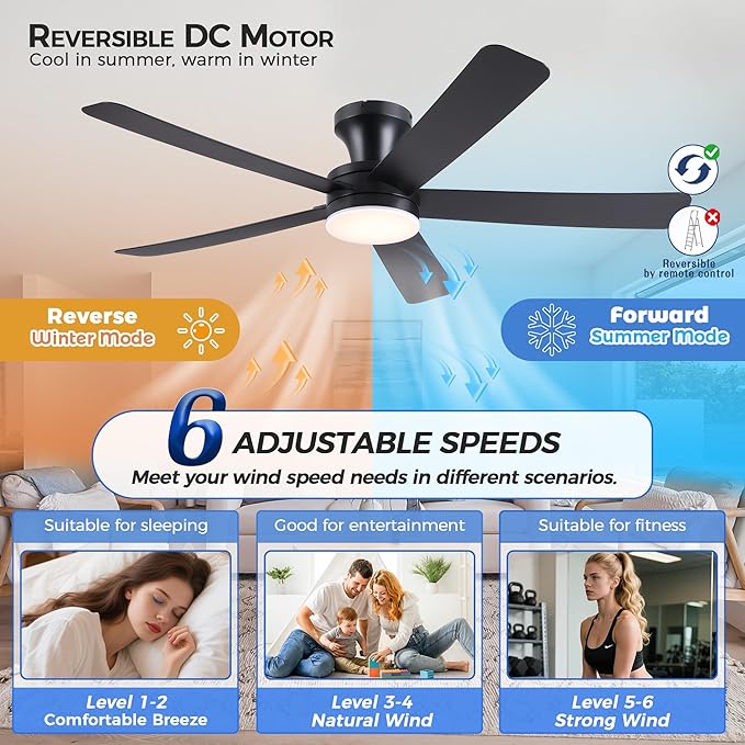 Ayaoty 46" Ceiling Fans with Lights and Remote - Black Flush Mount Ceiling Fan Light with ABS Blades and 3CCT Dimmable, Reversible, Low Profile Fan Light for Indoor Modern Bedroom, Kitchen