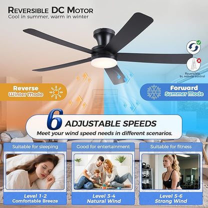 Ayaoty 46" Ceiling Fans with Lights and Remote - Black Flush Mount Ceiling Fan Light with ABS Blades and 3CCT Dimmable, Reversible, Low Profile Fan Light for Indoor Modern Bedroom, Kitchen