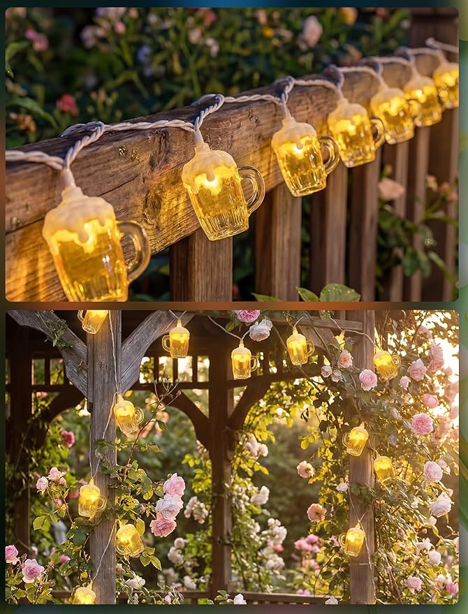 Beer Mug Outdoor String Lights, Hawaiian Decor Lights, 8.5Ft LED Tropical Beach Camping String Lights Plug in with 10 3D Beer Cup Bulbs, Summer Decor for Tent Holiday Party Garden Cinco de Mayo