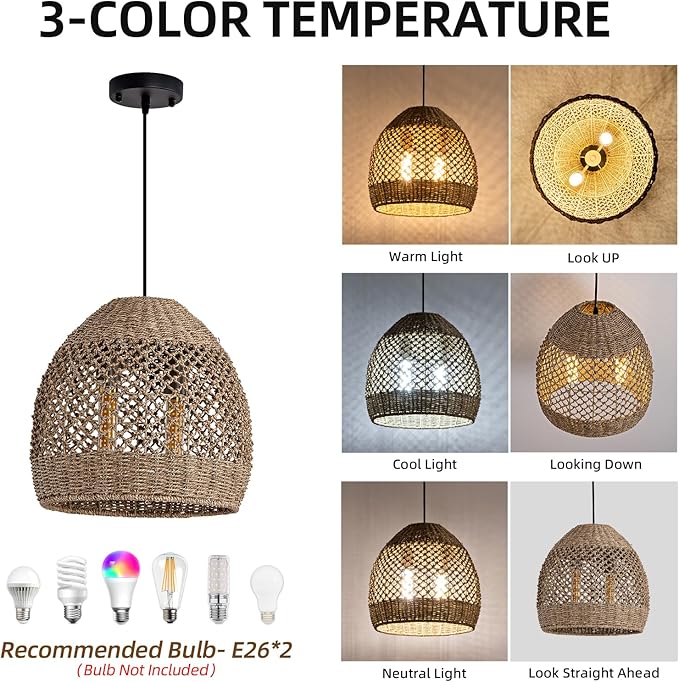 2-Light Rattan Pendant Light, 13.78" Handwoven Boho Pendant Light, Rattan Wicker Hanging Ceiling Lighting Chandelier for Kitchen Island Restaurant Bedroom Living Room