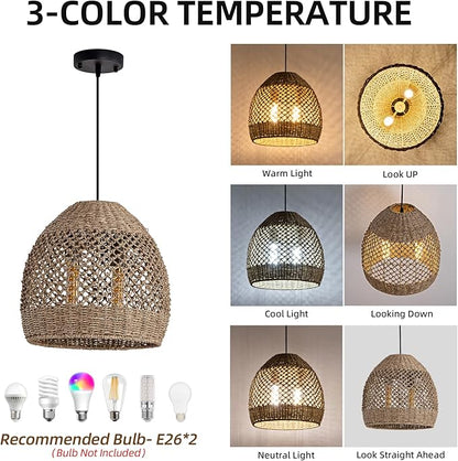 2-Light Rattan Pendant Light, 13.78" Handwoven Boho Pendant Light, Rattan Wicker Hanging Ceiling Lighting Chandelier for Kitchen Island Restaurant Bedroom Living Room