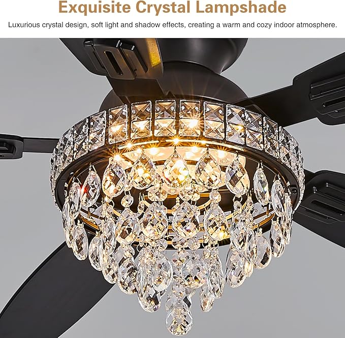Crystal Ceiling Fan Fandelier with Lights-Ceiling Fans with Lights,54" Low Profile and Remote Control, Flush Mount, Reversible, Dimmable, Noiseless, Black Ceiling Fan for Bedroom
