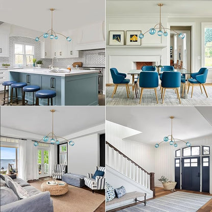 Gold Modern Chandelier 5 Light Blue Glass Sputnik Chandelier Mid Century Globe Hanging Light for Dining Room Kitchen Island Bedroom Living Room 41.3IN Diameter