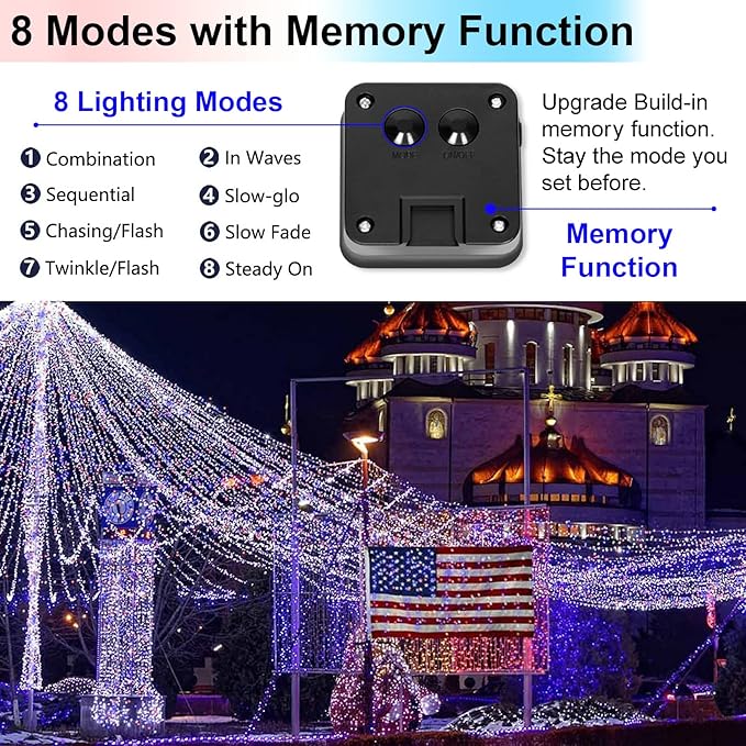 Memorial Day 4th of July Patriotic Decorations, Red White Blue Solar Fairy String Lights Outdoor Waterproof, 2Pack Total 200LED 66Ft, IP67 8 Modes Outside for Garden, Patio, Yard