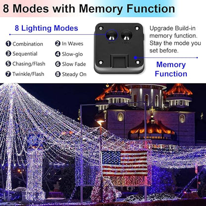 Memorial Day 4th of July Patriotic Decorations, Red White Blue Solar Fairy String Lights Outdoor Waterproof, 2Pack Total 200LED 66Ft, IP67 8 Modes Outside for Garden, Patio, Yard
