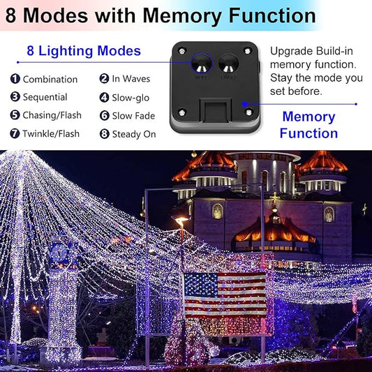 Memorial Day 4th of July Patriotic Decorations, Red White Blue Solar Fairy String Lights Outdoor Waterproof, 2Pack Total 200LED 66Ft, IP67 8 Modes Outside for Garden, Patio, Yard