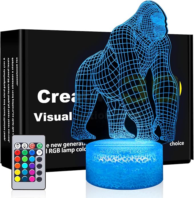 BASSI 3D Gorilla Lamp for Kids, 16 Colors Changing Remote Control 3D Night Light Gorilla Toy - Birthday Christmas Gifts for Boys Girls Age 2 3 4 5 6 7 8 9 Teenages