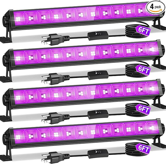 ISUERFY 4 Pack 45W Black Light Bar with 6ft Cord+Switch, Each Light Up 25x25ft Area, LED Blacklight Flood Light for Neon Glow Party Body Paint Fluorescent Tapestry Poster Classroom Bedroom Halloween