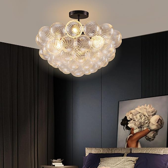 Hand Blown Glass Bubble Ball Chandelier Black Finish 24" Semi-Flush Mount Ceiling Light Fixtures Art Deco Cluster Ribbed Glass Globe Lighting for Dining Room Living Entry Farmhouse
