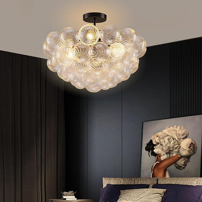 Hand Blown Glass Bubble Ball Chandelier Black Finish 24" Semi-Flush Mount Ceiling Light Fixtures Art Deco Cluster Ribbed Glass Globe Lighting for Dining Room Living Entry Farmhouse