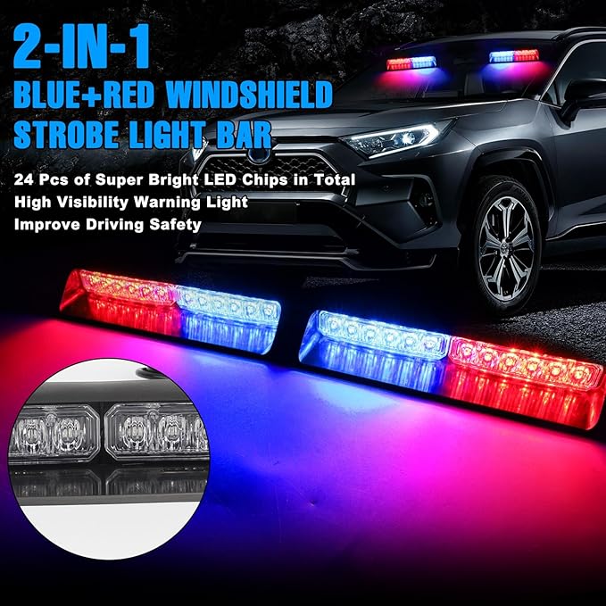Red & Blue LED Windshield Dash Strobe Lights, 26 Modes 12/24V 2 x 8.4” Red Blue Warning Light, Emergency Traffic Advisor Front/Rear Window Dash Strobe Lights for Trucks Vehicles