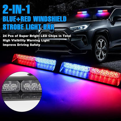 Red & Blue LED Windshield Dash Strobe Lights, 26 Modes 12/24V 2 x 8.4” Red Blue Warning Light, Emergency Traffic Advisor Front/Rear Window Dash Strobe Lights for Trucks Vehicles