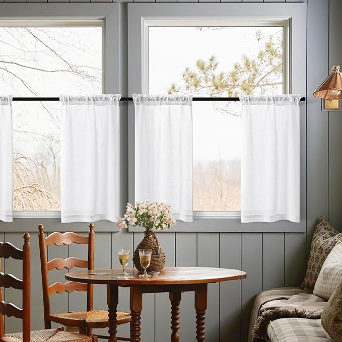 White Linen Kitchen Window Curtains 2 Panels Rod Pocket Linen Cafe Curtains 24 Inch Length Light Filtering Semi Sheer Boho Off White Short Tier Drapes for Small Window Basement Bathroom RV 26Wx24L