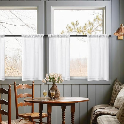 White Linen Kitchen Window Curtains 2 Panels Rod Pocket Linen Cafe Curtains 24 Inch Length Light Filtering Semi Sheer Boho Off White Short Tier Drapes for Small Window Basement Bathroom RV 26Wx24L