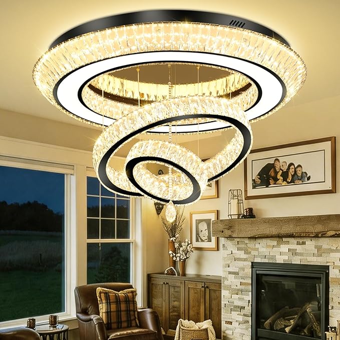 Modern 3 Ring Chandelier for Living Room Luxury 3-Tier Crystal Chandelier Dining 40in Black LED Dimmable Crystal Raindrop Chandeliers Lighting