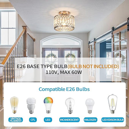 Rpzloila Crystal Ceiling Light Fixture, Modern Semi Flush Mount Ceiling Light,Crystal Chandelier for Kitchen Bedroom Bathroom Entryway Nickel Finish (Bulb not Included)