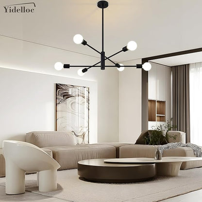 6 Lights Black Sputnik Chandeliers Modern Light Fixtures, Mid Century Chandelier Adjustable Length Pendant Light for Dining Room, Bedroom, Living Room, Kitchen, Farmhouse