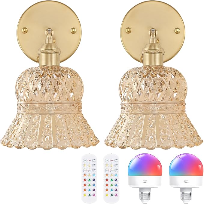 Shenmoyl Vintage Battery Operated Wall Sconces Set of Two, Rechargeable Battery Powered Wall Sconce with Remote Control, Wireless Dimmable LED Light for Bedside Indoor Living Room (Amber Pineapple)