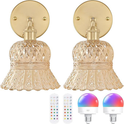 Shenmoyl Vintage Battery Operated Wall Sconces Set of Two, Rechargeable Battery Powered Wall Sconce with Remote Control, Wireless Dimmable LED Light for Bedside Indoor Living Room (Amber Pineapple)
