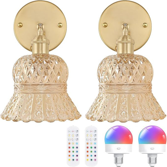 Shenmoyl Vintage Battery Operated Wall Sconces Set of Two, Rechargeable Battery Powered Wall Sconce with Remote Control, Wireless Dimmable LED Light for Bedside Indoor Living Room (Amber Pineapple)