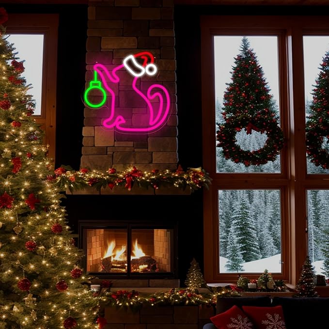 Christmas Neon Sign - Pink Cat With Santa Hat Neon Signs For Wall Decor Christmas Party Decoration New Year Gift Neon Light Sign 13.7″ × 12.5″
