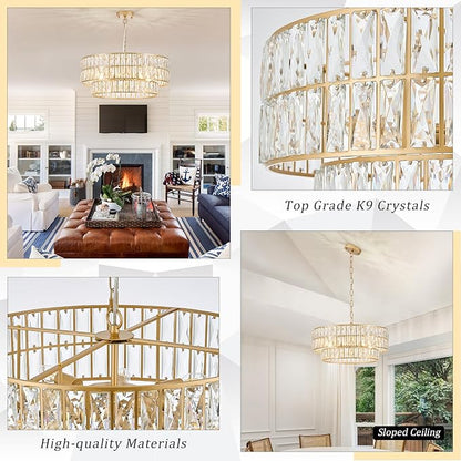 CATINER 24'' Modern Crystal Chandelier 8-Lights Luxury Gold Semi Flush Mount Ceiling Light Fixtures Round Crystal Pendant Chandelier for Living Room Dining Room Foyer Bedroom Kitchen