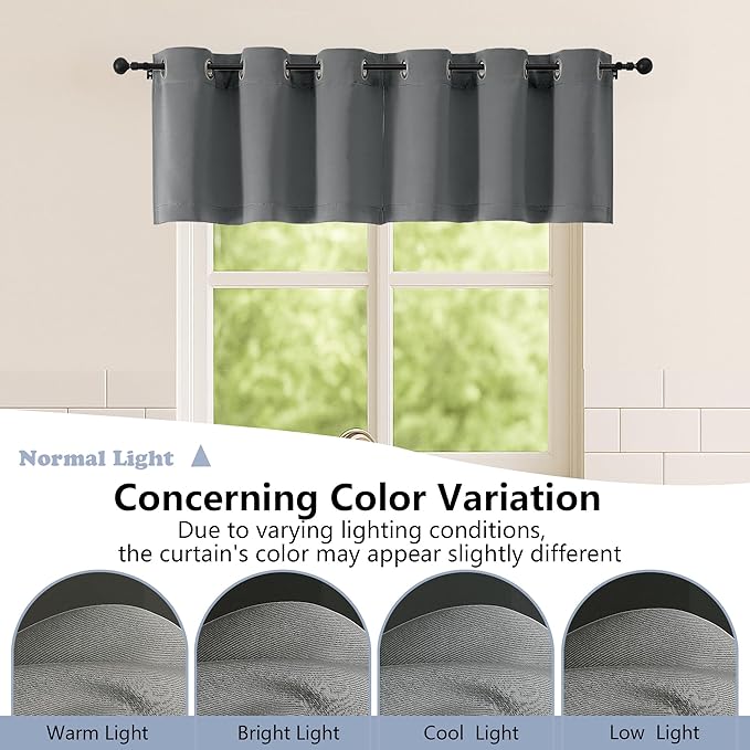 Simplebrand Light Grey Kitchen Valances for Windows 18 Inches Long 2 Pack, Room Darkening Window Valances for Living Room, Grommet Short Straight Drape Kitchen Curtains for Bedroom Kids Room, 40Wx18L