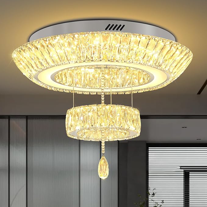 24inch Led Ring Crystal Chandelier,Modern Luxury Crystal Chandelier for Dining Living Room 2-Tier Crystal Raindrop Chandeliers Lighting Dimmable LED 3000-6000K