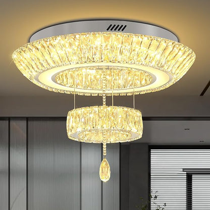 24inch Led Ring Crystal Chandelier,Modern Luxury Crystal Chandelier for Dining Living Room 2-Tier Crystal Raindrop Chandeliers Lighting Dimmable LED 3000-6000K