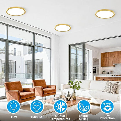 2 Pack LED Flush Mount Ceiling Light,7Inch 15W,3000K/3500K/4000K/5000K/6500K 5 Color Temperatures Ceiling Light Fixture for Kitchen Porch Hallway Bedroom Bathroom and Closet,Brushed Gold