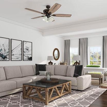 Prominence Home Marston, 52 Inch Traditional Indoor LED Ceiling Fan with Light, Pull Chain, Three Mounting Options, 5 Dual Finish Blades, Reversible Motor - 51017-01 (Oil Rubbed Bronze)