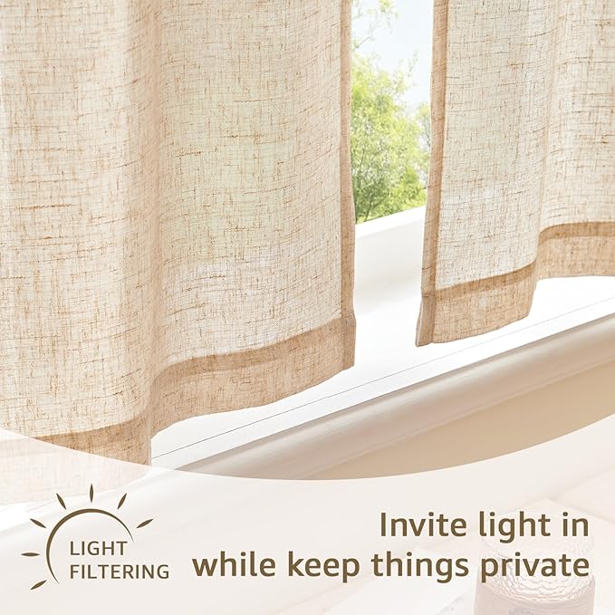 jinchan Linen Tie Top Curtains 24 Inch Length Farmhouse Cafe Curtains Set of 2 for Bedroom Bathroom Rustic Small Windows Light Filtering Crude Panels with Sage Green Ties