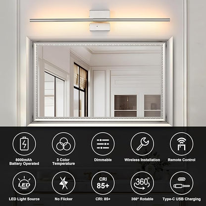 Morauroral Battery Operated Wall Sconces Set of 2, Dimmable Battery Wall Sconce with Remote Control, Sand-Nickel LED Rechargeable Sconces, 30 Inch Modern Wireless Wall Lights for Bedroom, Living Room
