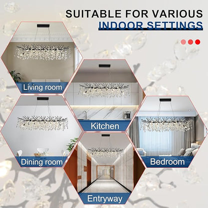 Modern Crystal Tree Branches Chandelier, 47.5in Black 14 Lights Large Ceiling Hanging Light for Dining Room, Rectangle Raindrop Pendant Light Fixture