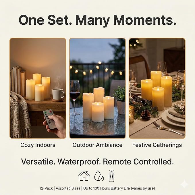 Waterproof Flameless Candles, 12 PC Battery Operated LED Pillar Candles with 2 Remote Controls & Timer, Flickering Indoor Outdoor Candles for Wedding, Patio, Easter, Bathroom, Home Decor, 4''5''6''