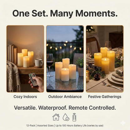 Set of 24 Slim Outdoor LED Candles, Battery Operated Flickering Fake Candles with 10-Key Timers for Patio & Porch Decor, 2.2 Inch Diameter Waterproof Resin Pillars for Large Events & Sconces (White)