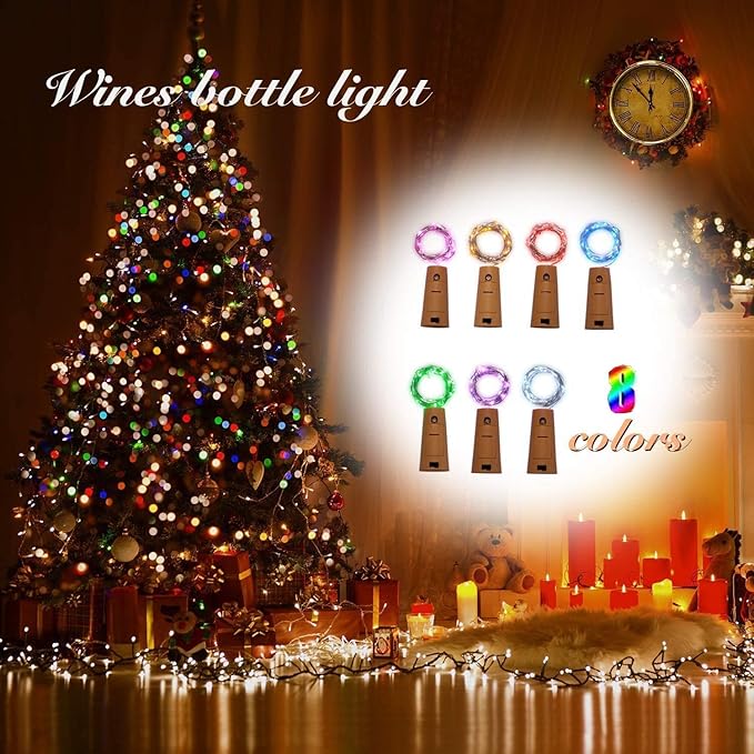VOOKRY Wine Bottle Lights with Cork 8 Pack 20 LED 24 Built-in+6 Backup Batteries, Battery Operated Fairy Lights Mini Copper Wire Cork Lights for DIY Party Wedding Bar Decoration(8 Colors)