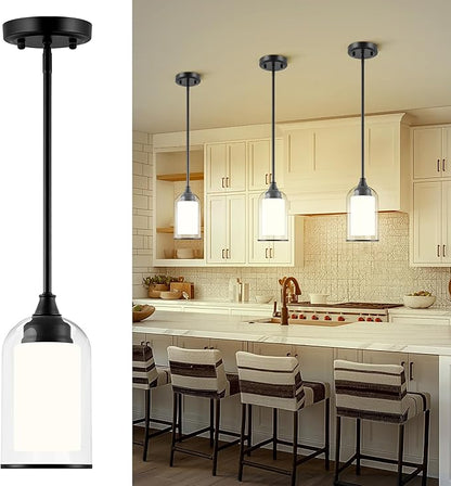 LIROUVET Black Pendant Light Fixtures - Dual Glass Hanging Light, 1-Light Pendant Lights with Clear and Milk Glass, Industrial Pendant Lighting for Kitchen, Dining Room, PL02BK-N