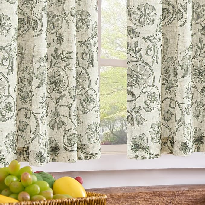 jinchan Small Window Curtains 45 Inch Linen Floral Curtain Set for Kitchen Bathroom Cafe Curtains Light Filtering Window Treatment Farmhouse Cottagecore Back Tab Drapes 2 Panels Green on Beige