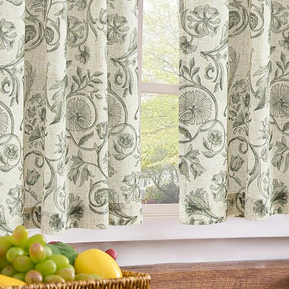 jinchan Small Window Curtains 45 Inch Linen Floral Curtain Set for Kitchen Bathroom Cafe Curtains Light Filtering Window Treatment Farmhouse Cottagecore Back Tab Drapes 2 Panels Green on Beige