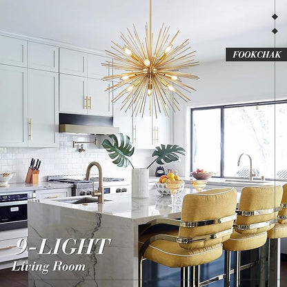 24in Gold Sputnik Chandelier 9-Light Starburst Chandelier Light Fixture Solid Metal Mid-Century Modern Satellite Light Fixture for Dining Room Bedroom Bathroom Entryway Kitchen Island