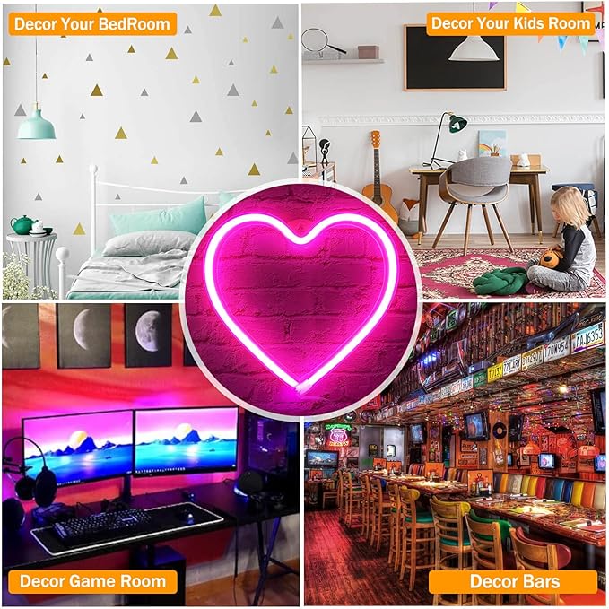 Neon Heart Lights - Pink LED Heart Lamp, Decorations for Home, Hanging Gifts, USB/Battery Operated for Bedroom, Living Room