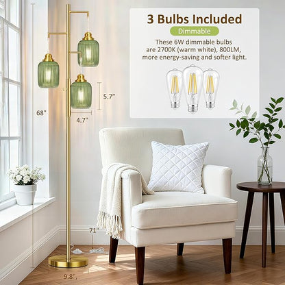 ROTTOGOON Dimmable Gold Floor Lamp for Living Room- 3 Light Green Glass Floor Lamps, Vintage Brass Tree Floor Lamps with 3X 6W LED Bulbs, Modern Standing Tall Lamp for Bedroom, 68", Gold & Green Glass