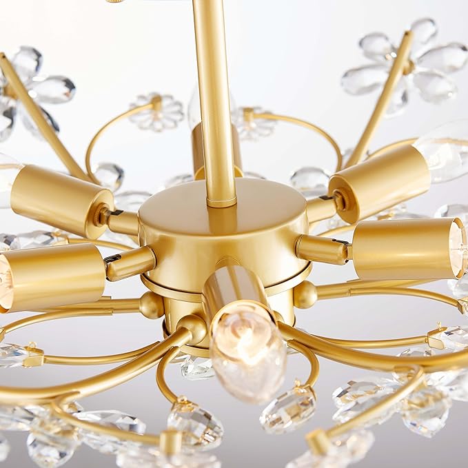6-Light Large Modern K9 Crystal Chandeliers, Chic Flushmount Close to Ceiling Light Fixture for Bedroom, Dining Room, Kitchen, D23xH10inch, Clear Crystal & Gold Finish Frame